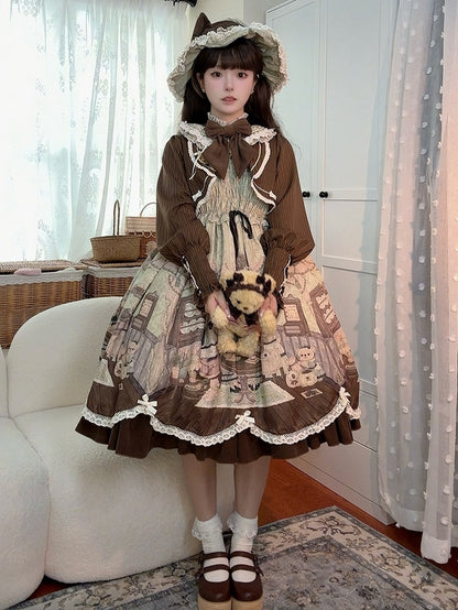 Print Lolita Two Teddy House Pieces Dress Coffee Design Long Green Sleeves Fake