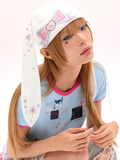 Y2K White Hat Design Rhinestone Bow Bunny Ear