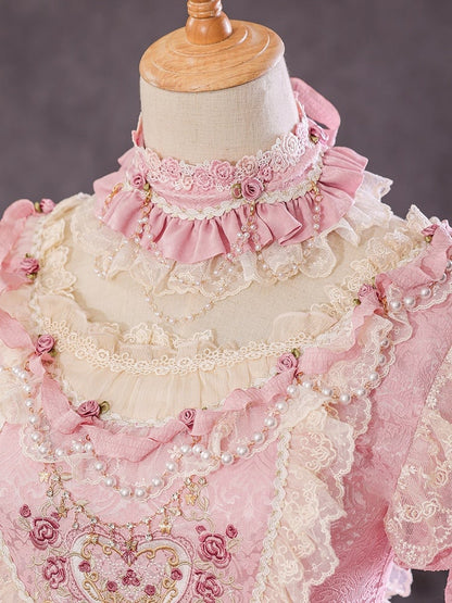 Pink Hanayome Rosette Embroidery Floral and Bead Chain Details Lolita OP Full Set