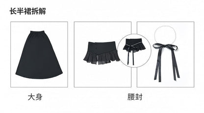 Black Cheongsam Waist Chain Corset Belt Set Free Style Long Skirt with Flounce Beaded Hem