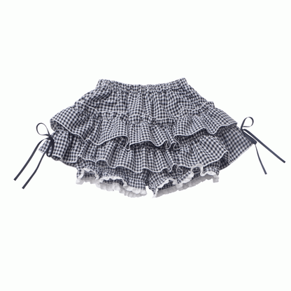 Schwarz/Karierte Pumphose mit elastischer Taille und Stufenrockfutter
