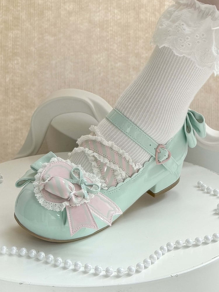 Grünes Leder Candy Clip PU Schuhe Sweet Mint Low-Heel Pink Heart mit