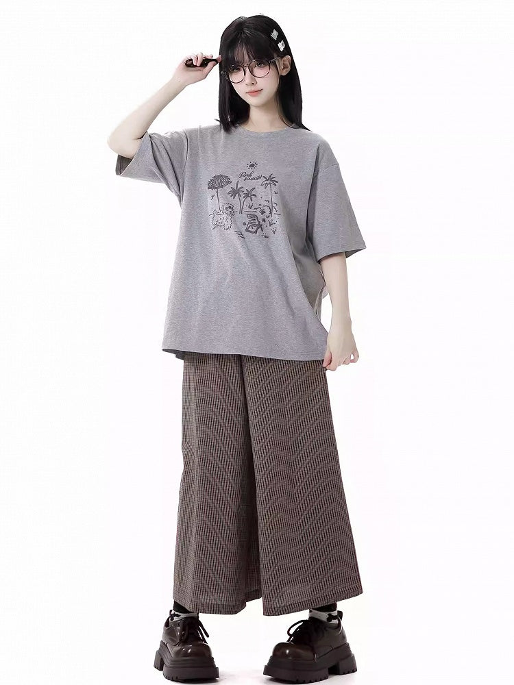 Loose Graffiti T-Shirt Puppy Round Neck Gray/Pink/Light Purple