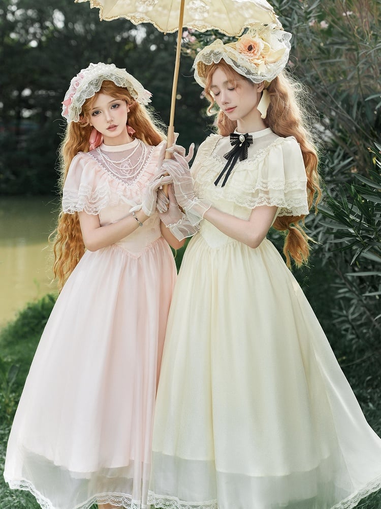 Dress Beige Elegant One Edward Illusion Lolita Piece Square Neck Waist Neckline Basque
