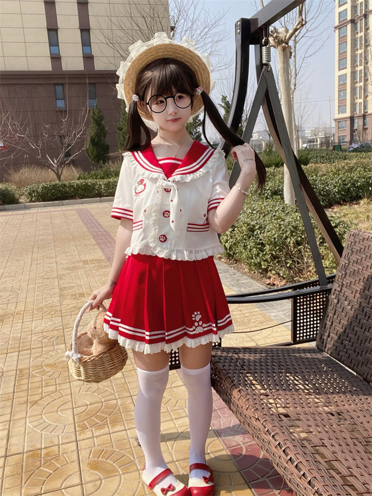 Sailor Collar Bunny Ears Design JK Ruffled Pink/Red T-Shirt Uniform