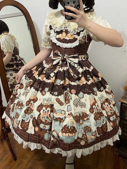 Cookies Lolita Waist Sweet Cute JSK Brown High and Fluffy Set Puppy Full Print