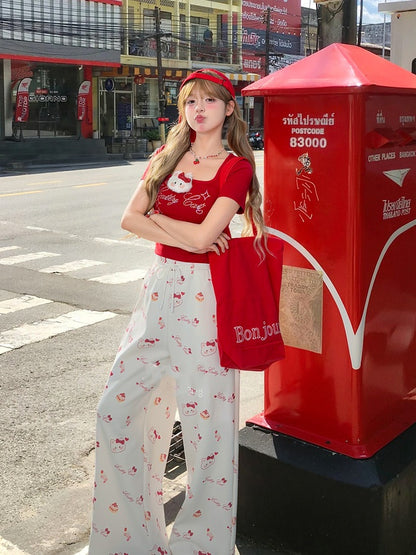 White Drawstring Waist Allover Kitty Print Wide-Leg Casual Pants