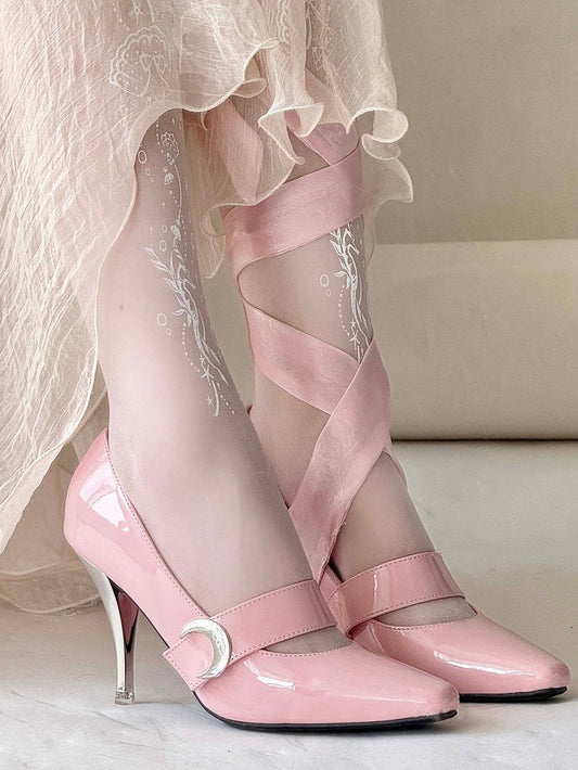 Heels at Toe High Moon Ankle Elegant Velcro Strap Pink Lace-up + Closures Pointed - Lolita Accent