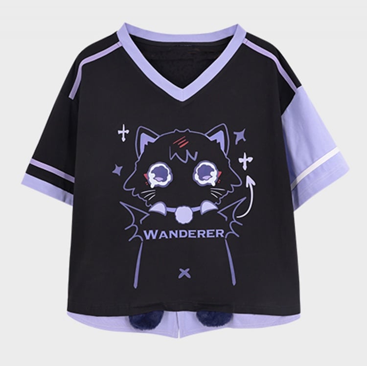 Wanderer Fan Art Black Cute Kitty Print V-neck T-shirt