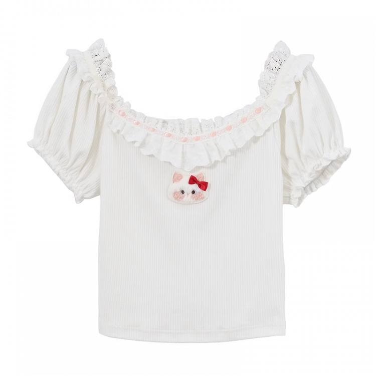Collar Plush Kitty Puff Sleeves T-Shirt White Ruffle Lace