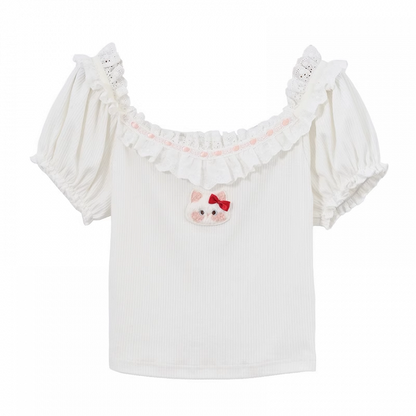 Collar Plush Kitty Puff Sleeves T-Shirt White Ruffle Lace