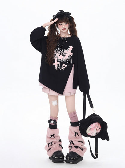 Pink/Black Cross Side-Slit Sweatshirt with Big Bow at Back