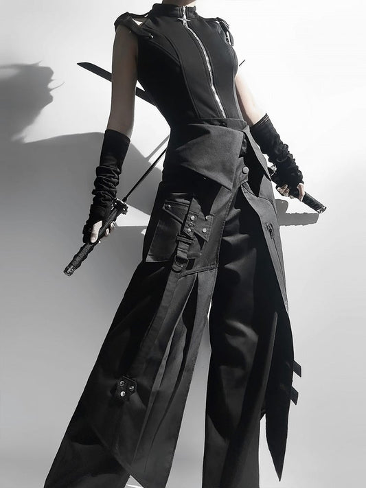 Black All Full Fashion Sleeveless Ouji Techwear - Gothic Set Top