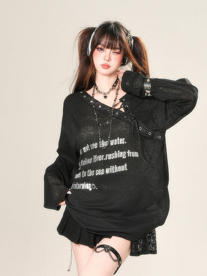 Black/White Semi-sheer Asymmetrical Neckline Sun Protection Top with Lace-up Detail