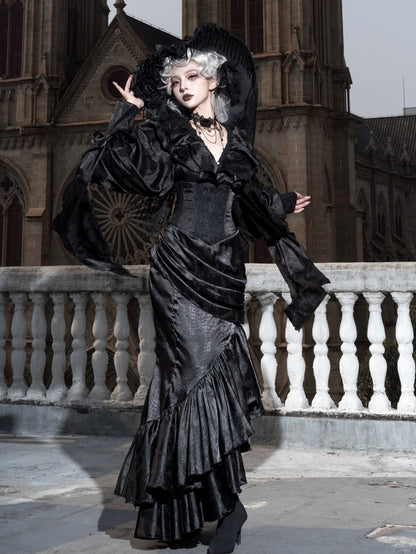Gothic Asymmetrical Skirt Boned Waist Corset Cascading High Lolita Flounce Mermaid Hem Black