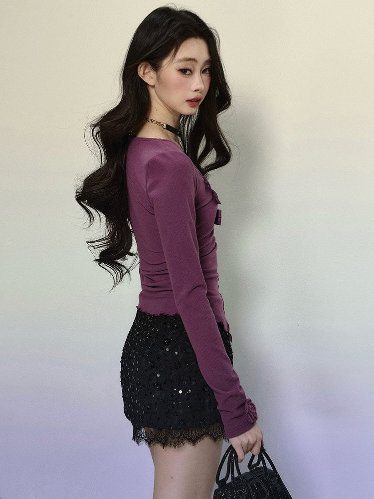 Purple Bow Accents Lace Trim V-neck Long Sleeves Top