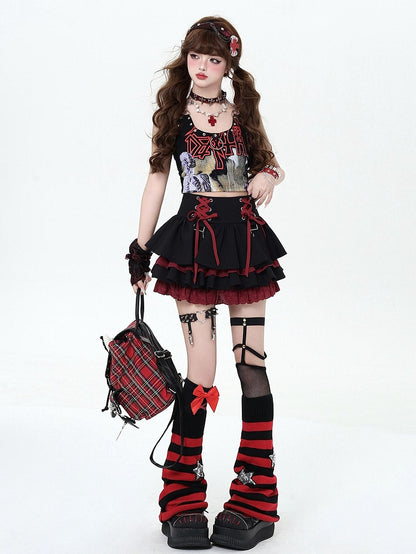 and at Red Black Lace-up Tiered Punk Y2K Waist Details Rock Skirt
