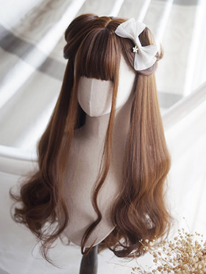 Caramel Long Wavy Wig With Full Bangs