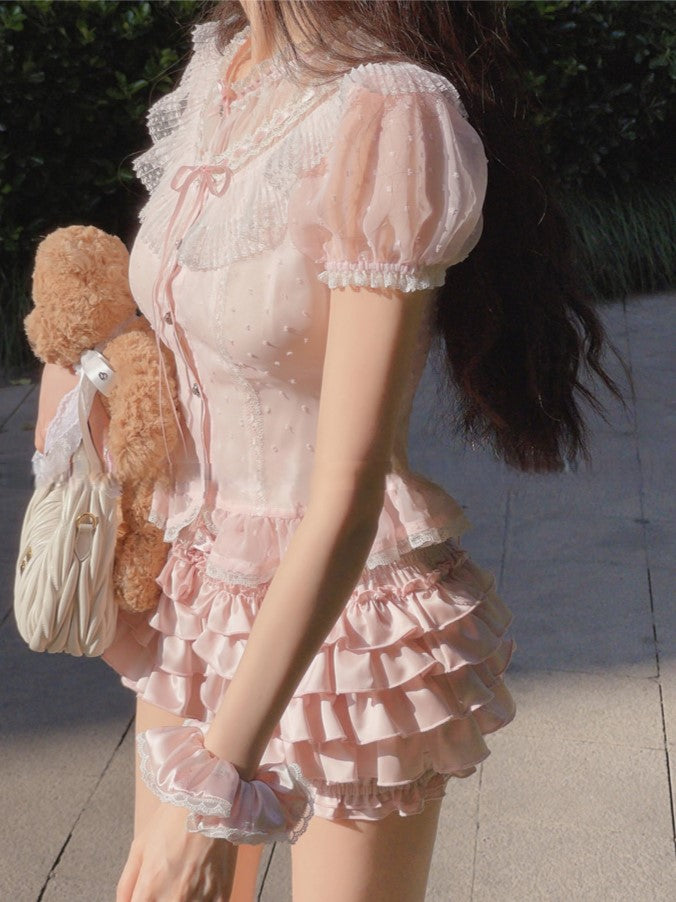 Puff Sleeve Top Pink Chiffon Polka-dot