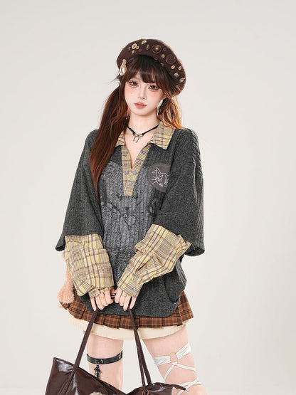 Dark Gray V-Neck Top with Bear Print and Plaid Patchwork Knit