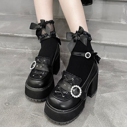 Jirai Shoes Style Kei Heels Black Matte Chunky Platform Landmine