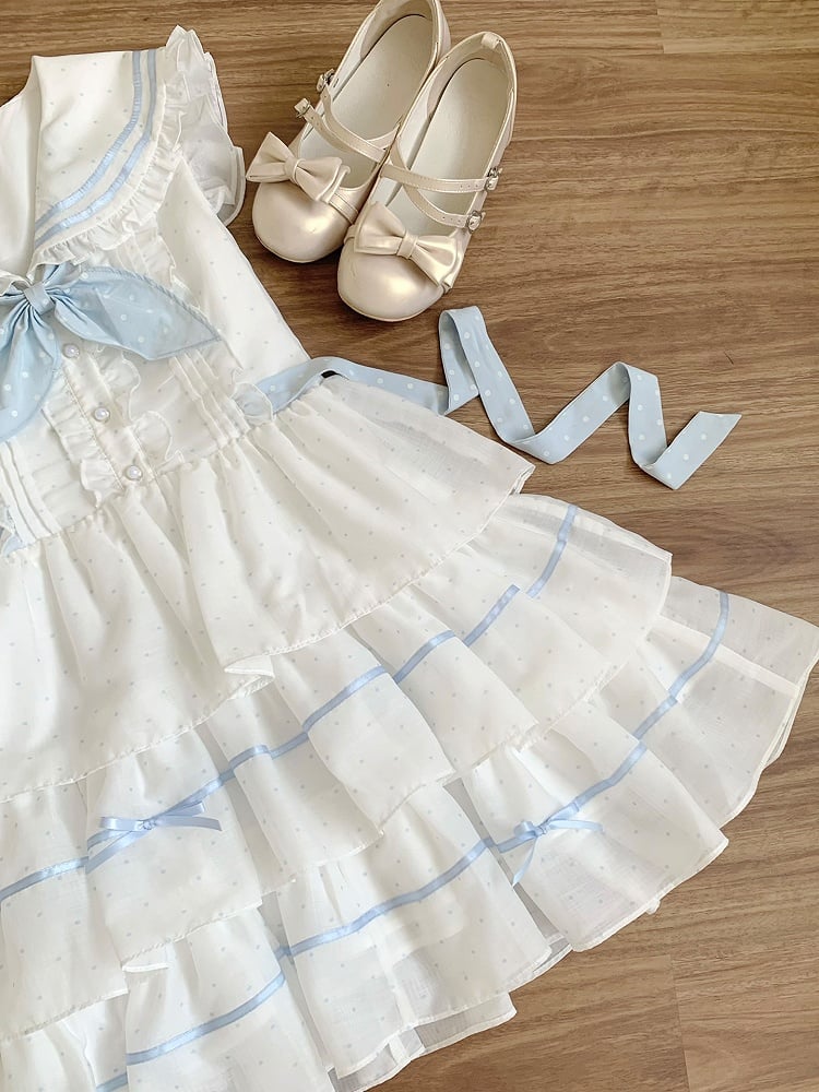 Sailor Collar Navycore Dress White and Blue Polka-dot Pattern