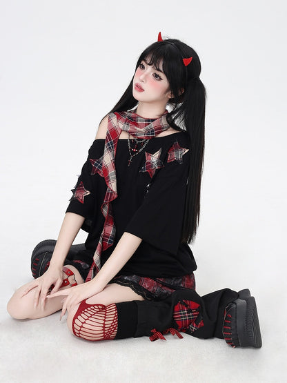 Glamorous Scarf Neckline with T-Shirt Red Plaid Star Appliques Black Asymmetrical