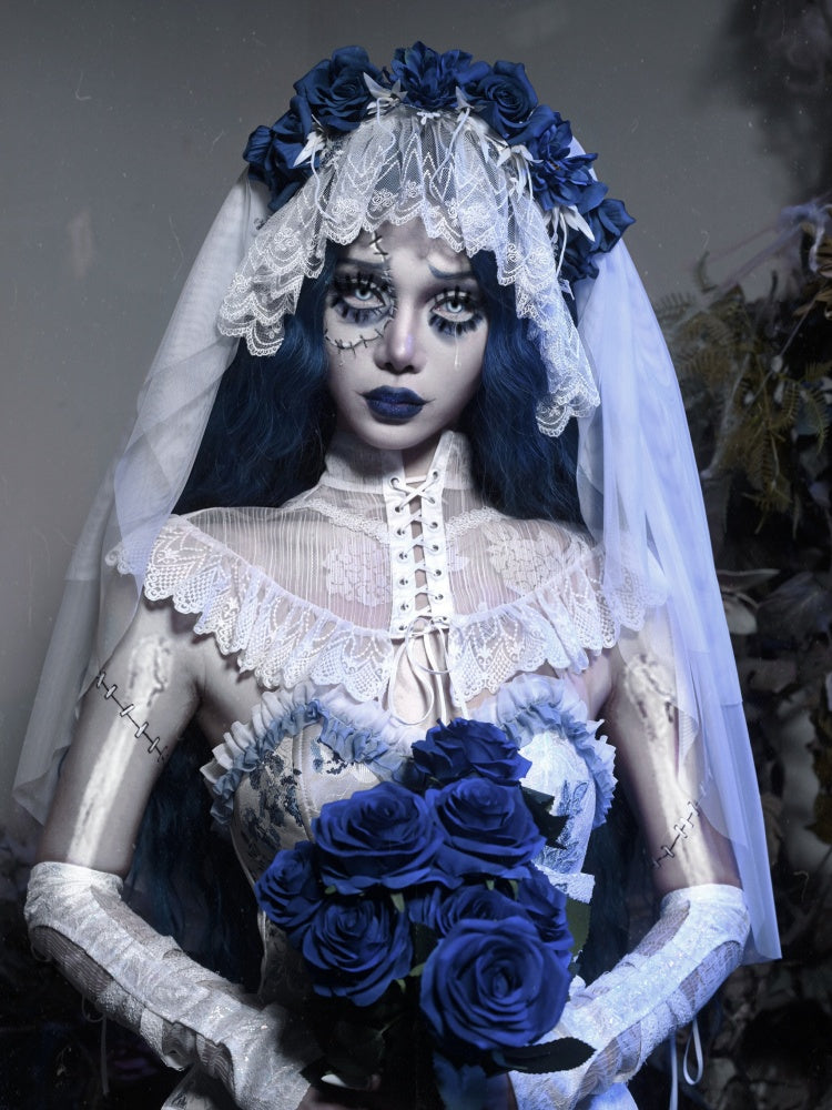 White Goth Blue Flowers Bride Veil