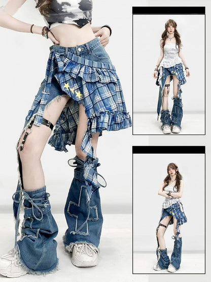 Warmers + Blue Print Hem Shorts Glamorous Pattern Bittersweet Asymmetrical Star Set- Plaid Applique Skirt Leg Cross