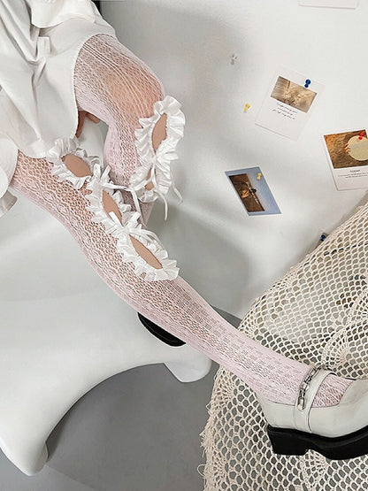 Y2K Strumpfhose Pink Trim Rüschen Design Cut-out