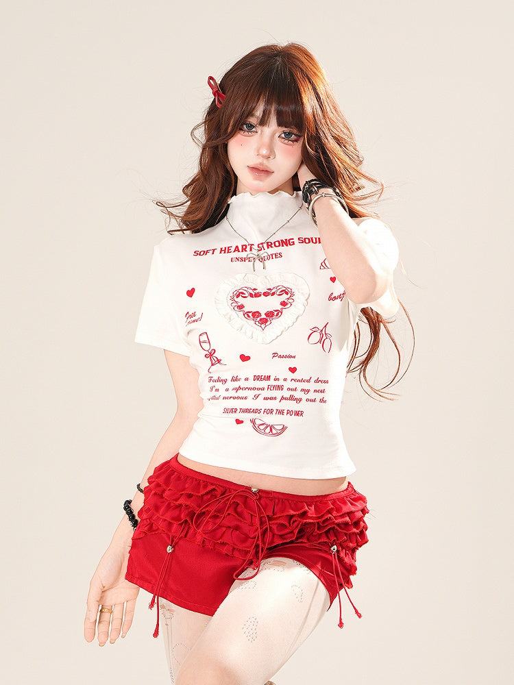 White/Yellow High Neck Ruffled Heart Graphic T-Shirt