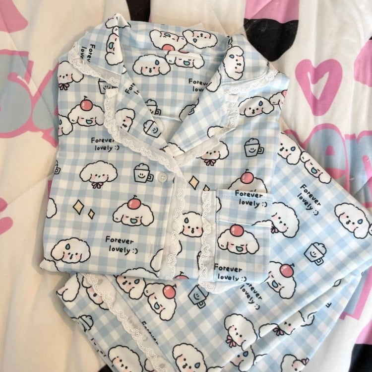 White & Blue Plaid Puppy Pajama Set