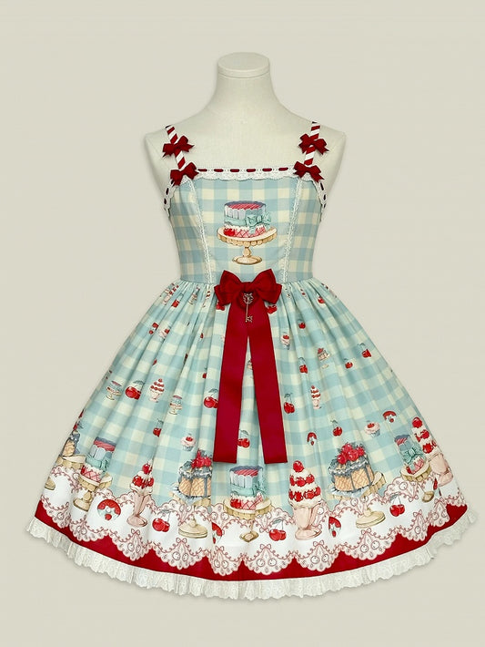 Mint Green Gingham Pattern Cherry and Dessert Sweet Lolita Jumper Skirt