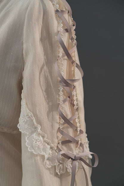 Beige and Purple Ruffle Crossover Neckline Long Sleeves Shirt