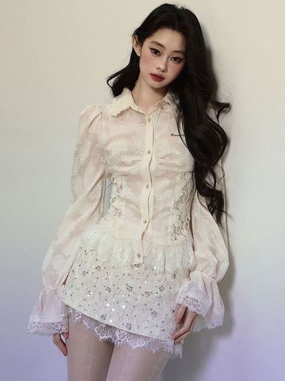 Apricot Lace Patch Waist Puff Sleeves Blouse