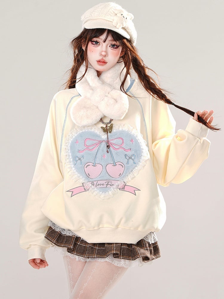 Apricot Lace Trim Heart Applique Round Neck Loose Sweatshirt