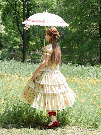 Green Print Fruit Summer Parfait Top Short Sleeves