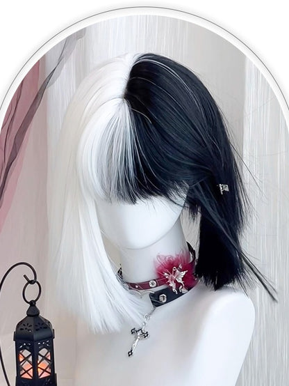 Black&White Split Color Shoulder Length Straight Synthetic Wig With Bangs