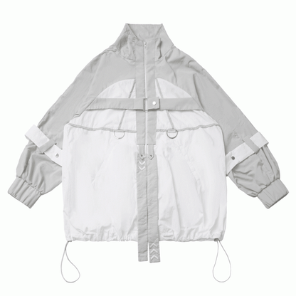 and White Techwear Sun Protection Jacket Gray Hem Colorblock Drawstring
