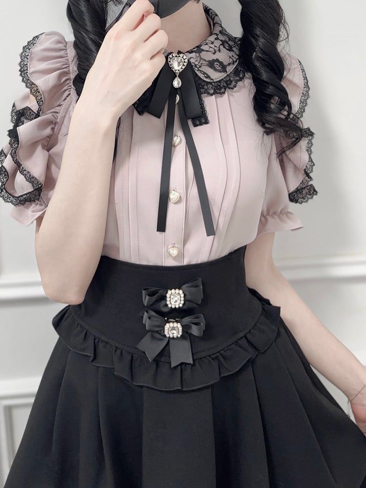 Bow Dusty Collar Peter Blouse with Lace Pink Pan Cutout Trim Shoulder Jirai Tie Kei