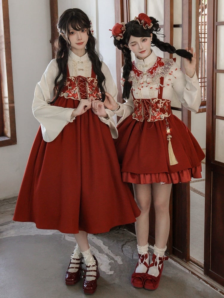 Jupe Lolita Rouge Nouvel An Courte Version Papillon et Broderie Florale Ensemble Complet