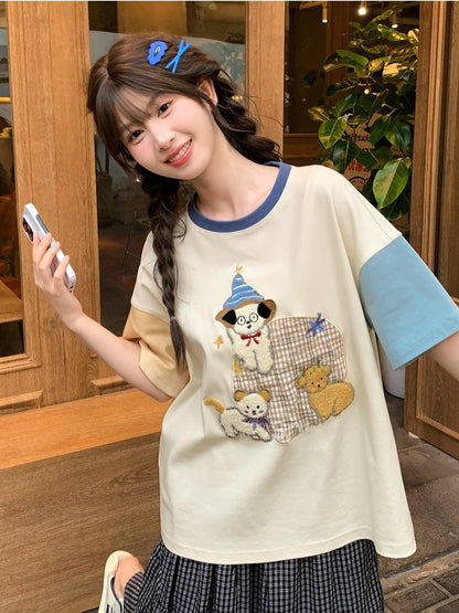 Colorblock Design Puppy Embroidery T-Shirt Orange Blue