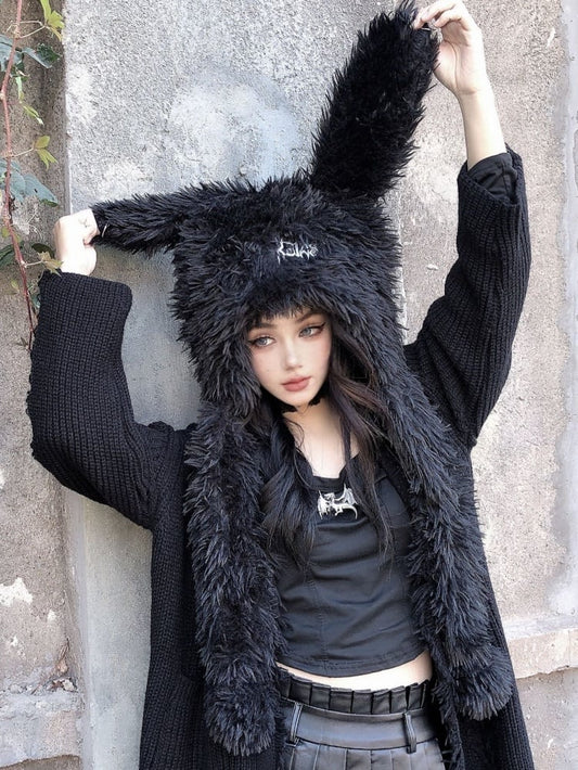 Black Punk Plush Bunny Ears Hat