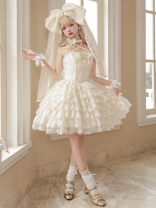 Creamy Scallop Lolita White Skirt Trim Embroidered Princess Dress Tiered