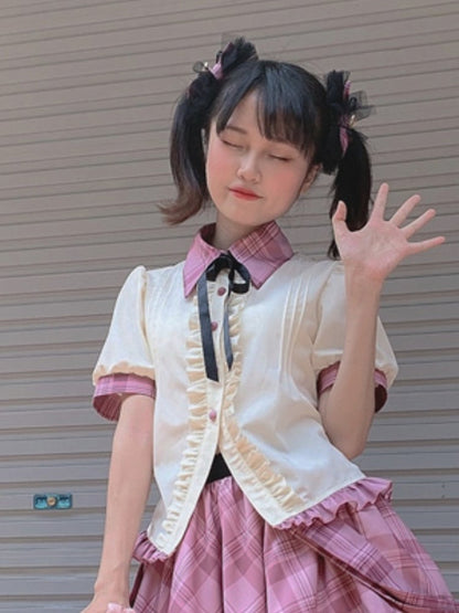 Contrast Pink Plaid Trim Beige Idol Lolita Blouse with Lace-up Detail at Back