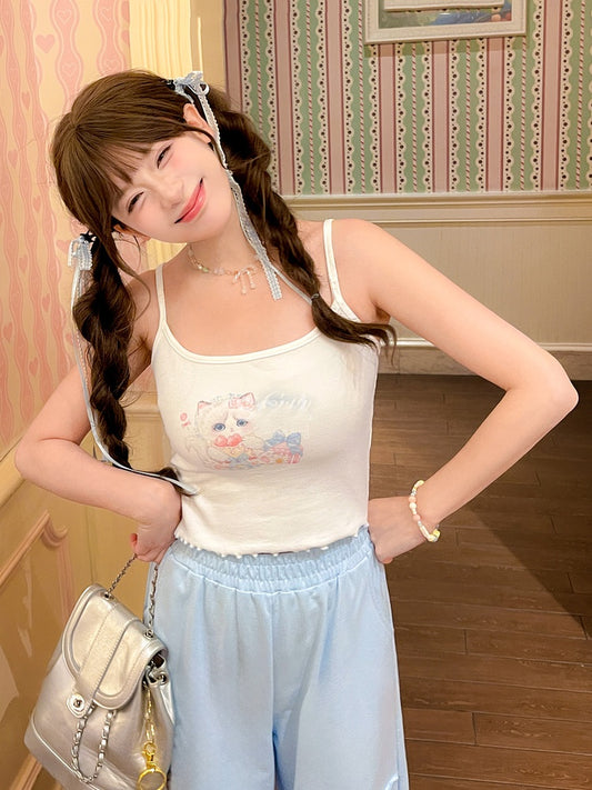 Hem White Scoop Neckline Cat Print Lettuce Cami Top
