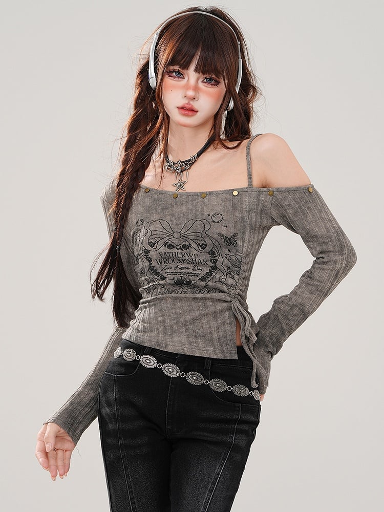 Black/Grey Drawstring Waist Asymmetrical Neckline Graphic Top