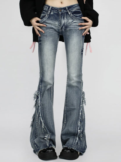 Cuffs- Slim Fit Raw Vintage Blue/Black Low Waist Flared and Jeans with Frayed