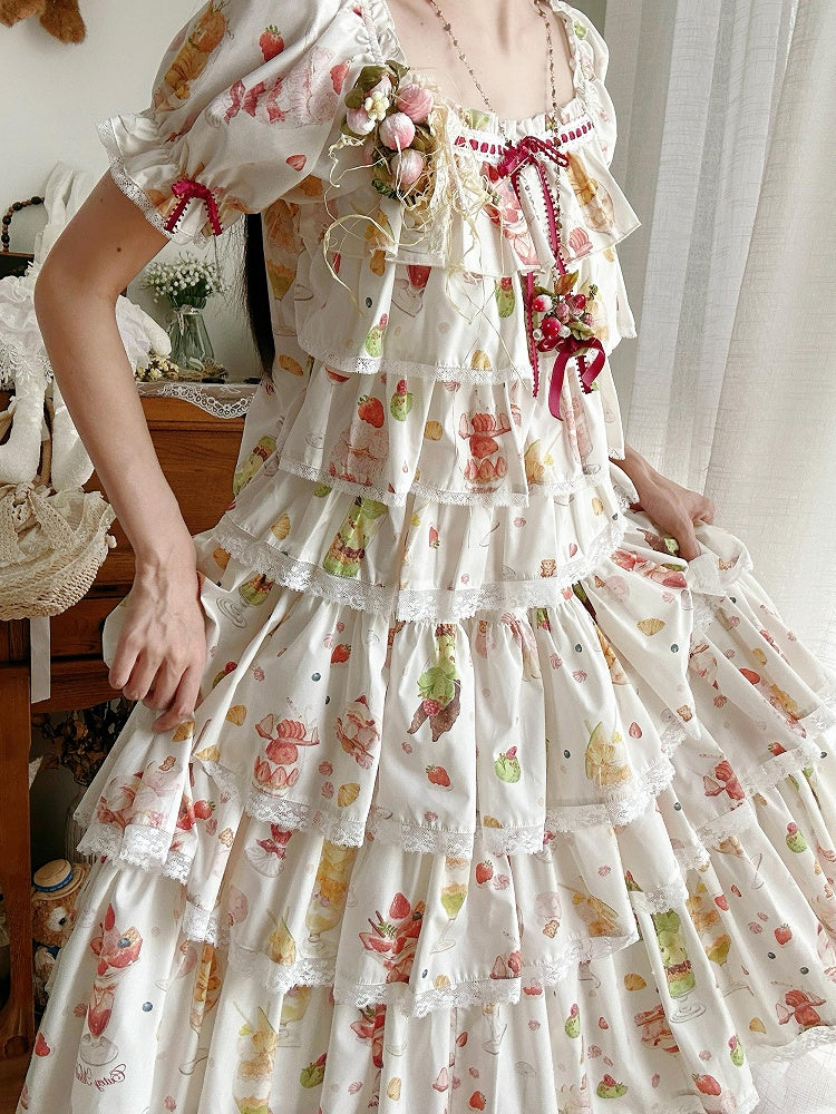 Short Parfait Fruit Top Sleeves Summer Print Cream
