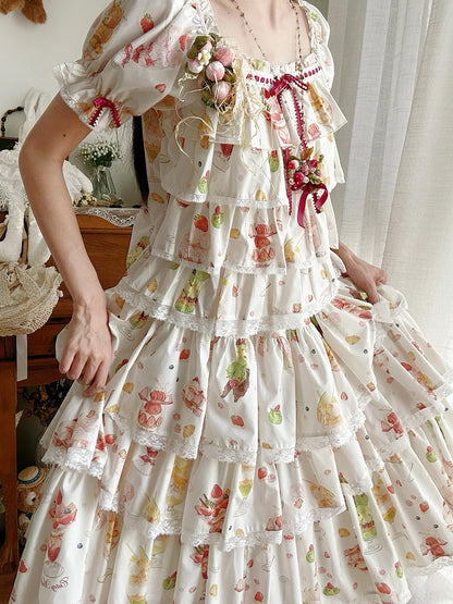 Short Parfait Fruit Top Sleeves Summer Print Cream